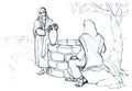 Christ and the Samaritan Woman at the Well. Pencil drawing