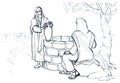 Christ and the Samaritan Woman at the Well. Pencil drawing Royalty Free Stock Photo