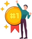 Male character wins prize, award in competition. Joyful man near gold trophy icon, medal sticker