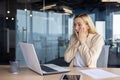 Young joyful woman celebrating triumph victory, business woman received online notification, reading beat results of Royalty Free Stock Photo