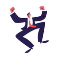 Young jumping employee in a suit. Successful businessman jumping in a dark suit with a red tie. Vector illustration of