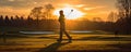 Young junior practicing golf in sunset evening golf field