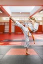 Young karate girl practicing high kick in dojo