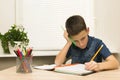 Young kid, boy doing homework at home, writing in notebook Royalty Free Stock Photo