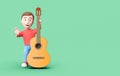 Young Kid 3D Cartoon Character with a Classical Guitar on Green with Copy Space