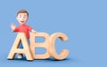 Young Kid 3D Cartoon Character Leaning on ABC Letters on Blue with Copy Space