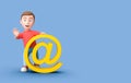 Young Kid 3D Cartoon Character Leaning on Email Symbol on Blue with Copy Space Royalty Free Stock Photo