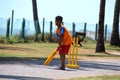 Young Kid Playing Cricket at Street Royalty Free Stock Photo