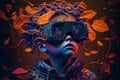 Young kid wearing VR virtual reality headset. Futuristic portret. Neon lghts. Generative AI