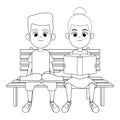 Young kids with books on a bench black and white Royalty Free Stock Photo