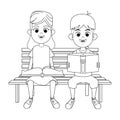 Young kids with books on a bench black and white Royalty Free Stock Photo