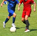 Young kids are playing soccer in summer time Royalty Free Stock Photo