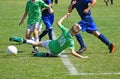 Young kids are playing soccer in summer time