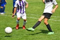 Young kids are playing soccer in summer time Royalty Free Stock Photo
