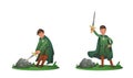 Young King Arthur withdrawing Excalibur of the stone and holding it above the head. Set of two postures, cartoon Royalty Free Stock Photo