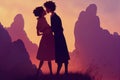 young kissing couple in animation style, red pink sky, ai generated image