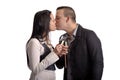 Young kissing couple with glass of champagne