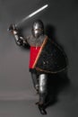 A young knight in medieval armor with a weapon in his hands kneeled Royalty Free Stock Photo