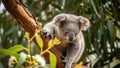 Young koala climbing eucalyptus tree in lush forest environment Royalty Free Stock Photo