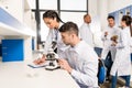 Young lab technicians working with microscope and taking notes on analysis Royalty Free Stock Photo