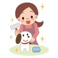 Young lady brushing a dog