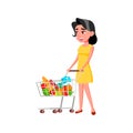 young lady buying products food in supermarket cartoon vector