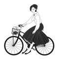 Young lady dressed in elegant clothes riding city bike drawn with contour lines on white background. Monochrome portrait