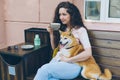 Young lady drinking tea hugging shiba inu dog outdoors in cafe sitting on bench Royalty Free Stock Photo