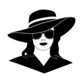 Young lady girl in elegant retro hat, black isolated silhouette on white background, template mock up design logo, sign, banner Royalty Free Stock Photo