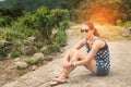 Young lady hiker enjoying view point Royalty Free Stock Photo