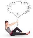 Young lady holding cloud balloon drawing