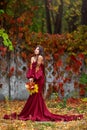Young lady in luxurious long burgundy dress with crown on her head in colorful autumn park