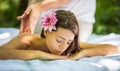 Young lady at nature enjoy in massage. Royalty Free Stock Photo