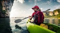 Young lady paddling kayak