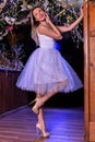 Young lady posing in front of Christmas hall decorations