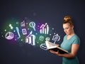 Young lady reading a book with business icons Royalty Free Stock Photo