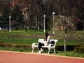 A young lady is sitting on a bench in the park of Palic Lake on a sunny day in the spring