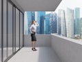 Young lady is standing on the balcony of the skyscraper and looking at the new business perspectives. Singapore panoramic Royalty Free Stock Photo