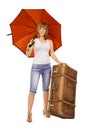 Young lady with an umbrella and a suitecase Royalty Free Stock Photo