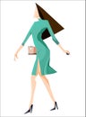 Young lady wearing long-sleeved dressÃ¯Â¼Å walking and holding bag Royalty Free Stock Photo