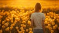 Young lady in a yellow t-shirt and jeans standing in the field of yellow tulips holding the bouquet of tulips. Royalty Free Stock Photo