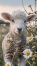 Young lamb grazing in daisy field on sunny summer day serene farm animal scene Royalty Free Stock Photo
