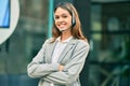 Young latin call center aget girl smiling happy using headset at the city Royalty Free Stock Photo