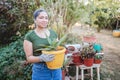 Young latin farmer woman holding a flower pot with aloe vera plant in her organic garden