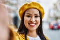 Young latin girl smiling happy making selfie by the camera at the city Royalty Free Stock Photo