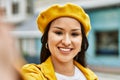 Young latin girl smiling happy making selfie by the camera at the city Royalty Free Stock Photo