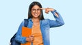 Young latin girl wearing student backpack and holding books smiling pointing to head with one finger, great idea or thought, good Royalty Free Stock Photo