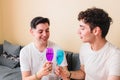 Young latin homosexual men couple toasting with wine glasses in their living room. Gay domestic life Royalty Free Stock Photo