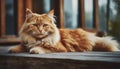 Young lazy red-haired fluffy cat lying on wooden porch. Adorable pet