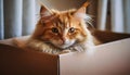 Young lazy red-haired fluffy cat sitting in cardboard box